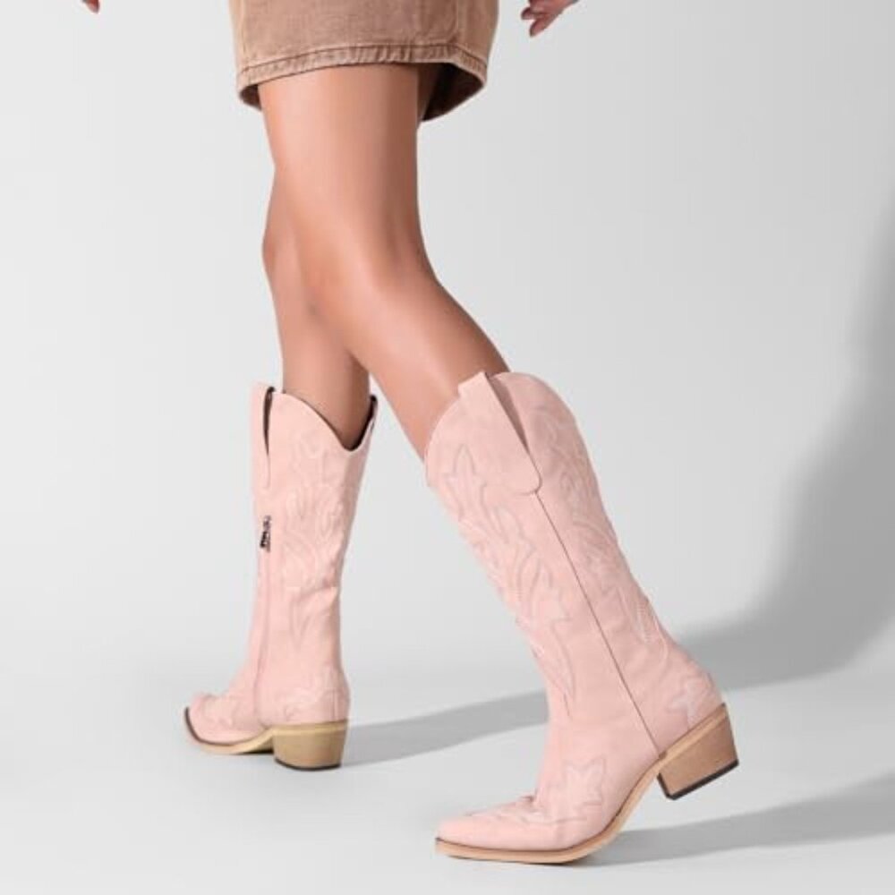 Women's PU Leather Boots Chunky Heel Pointed Toe Wide Calf Pull-On - Picture 3 of 8